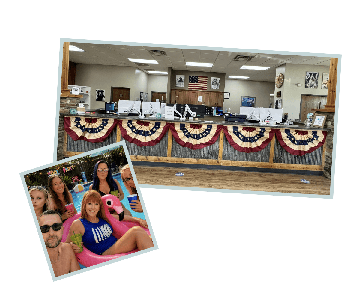 collage image of hospital lobby and team pool party